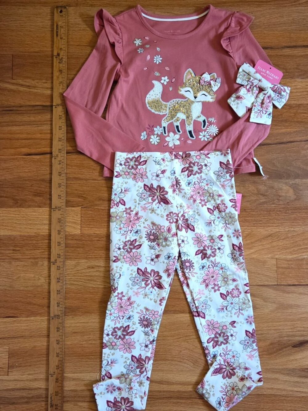 Isaac Mizrahi 3 Piece Fox Set, Fall Shirt, Pants, Hair bow, Small, 5/6